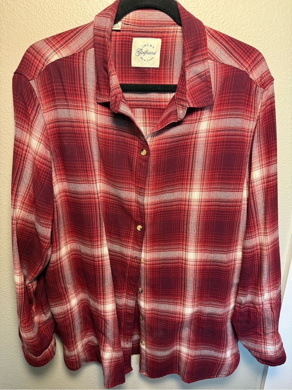 Jachs Girlfriend New York Women’s Red Plaid Tunic Button Down Shirt Size XL